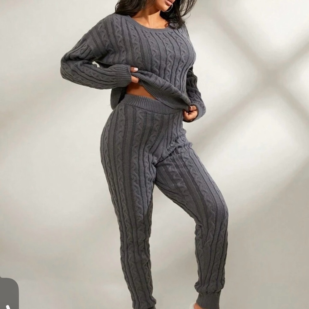 Gray Cable Knit Sweater and Pants Set